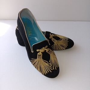 Thierry Rabotin Serra, Elegant Black Suede, Gold Embroidery Loafers Women's 7.5